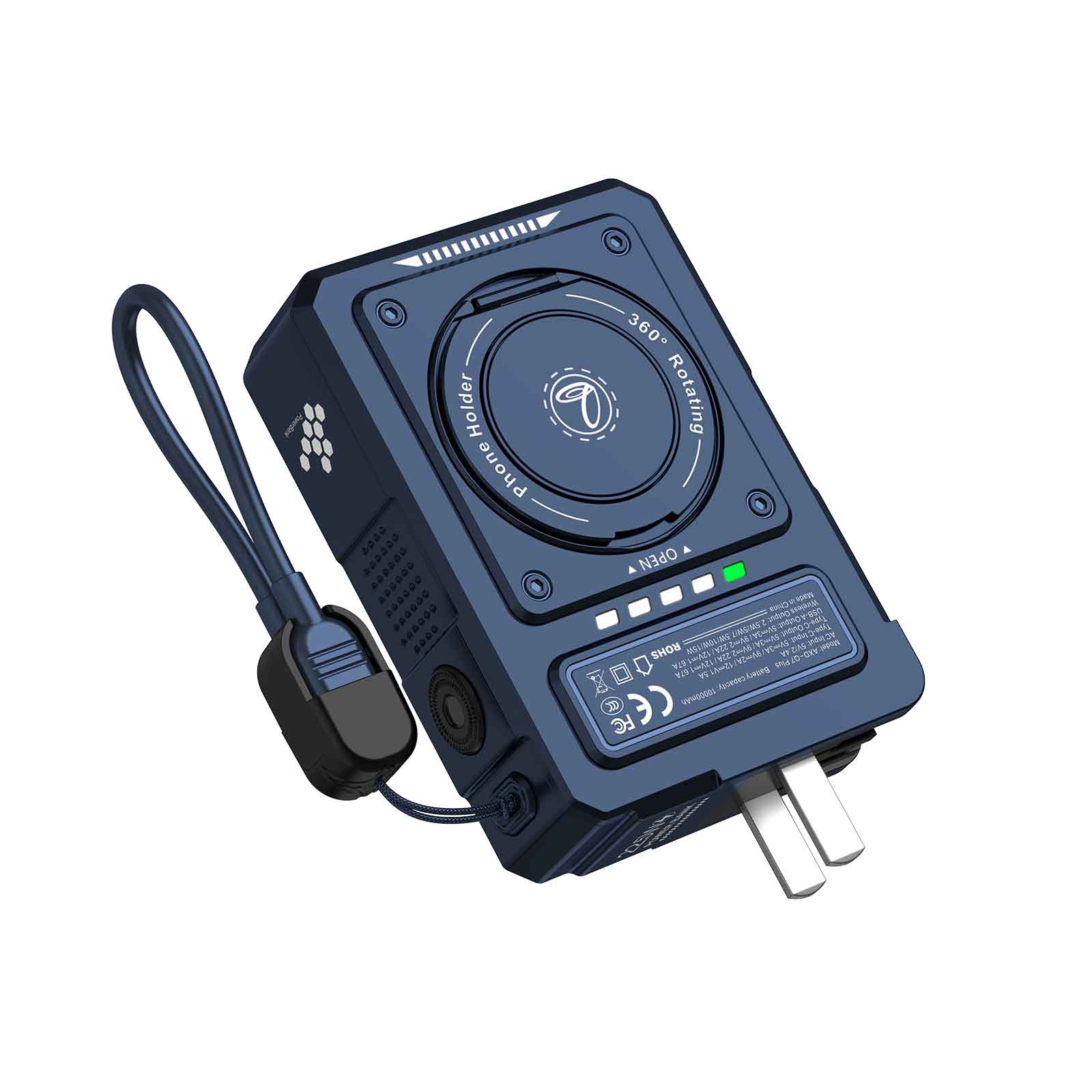 Q7 10000mAh Power Bank with AC Plug, 15W 3-in-1 Wireless Charger, Foldable Stand, Watch Charging, LED Display & Strap Cable