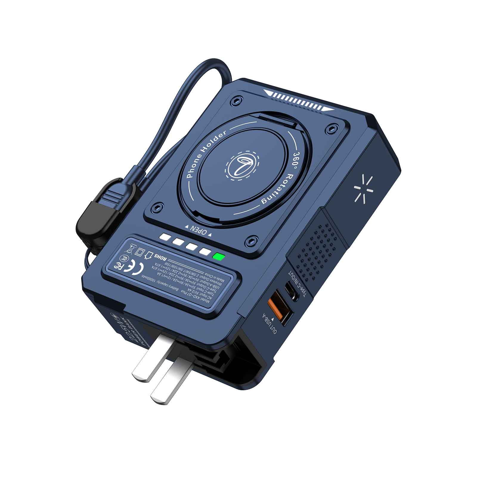 Q7 10000mAh Power Bank with AC Plug, 15W 3-in-1 Wireless Charger, Foldable Stand, Watch Charging, LED Display & Strap Cable