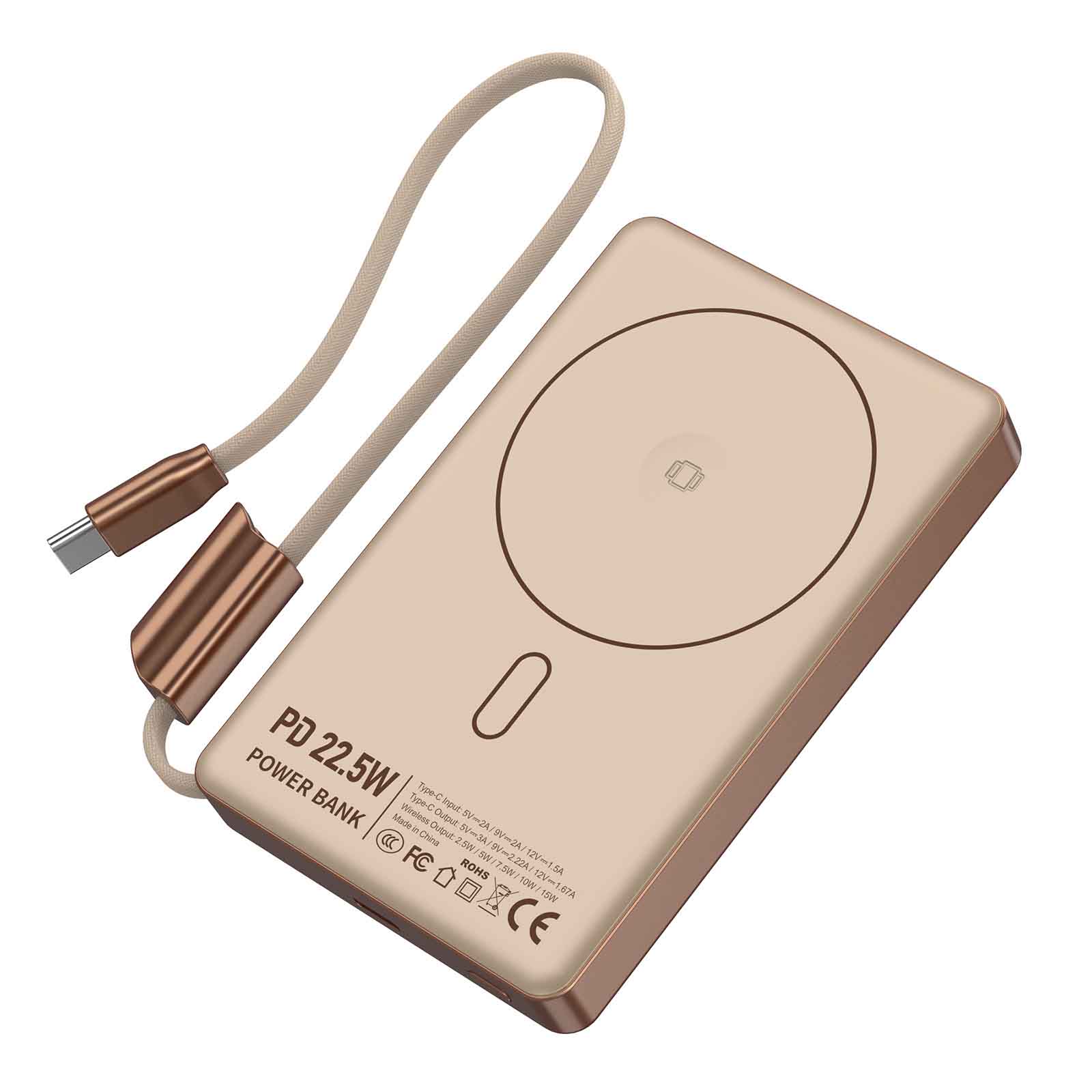 Aluminum Alloy 10000mAh Power Bank with Built-in Cable, 15W Wireless Fast Charging, TFT Color Display