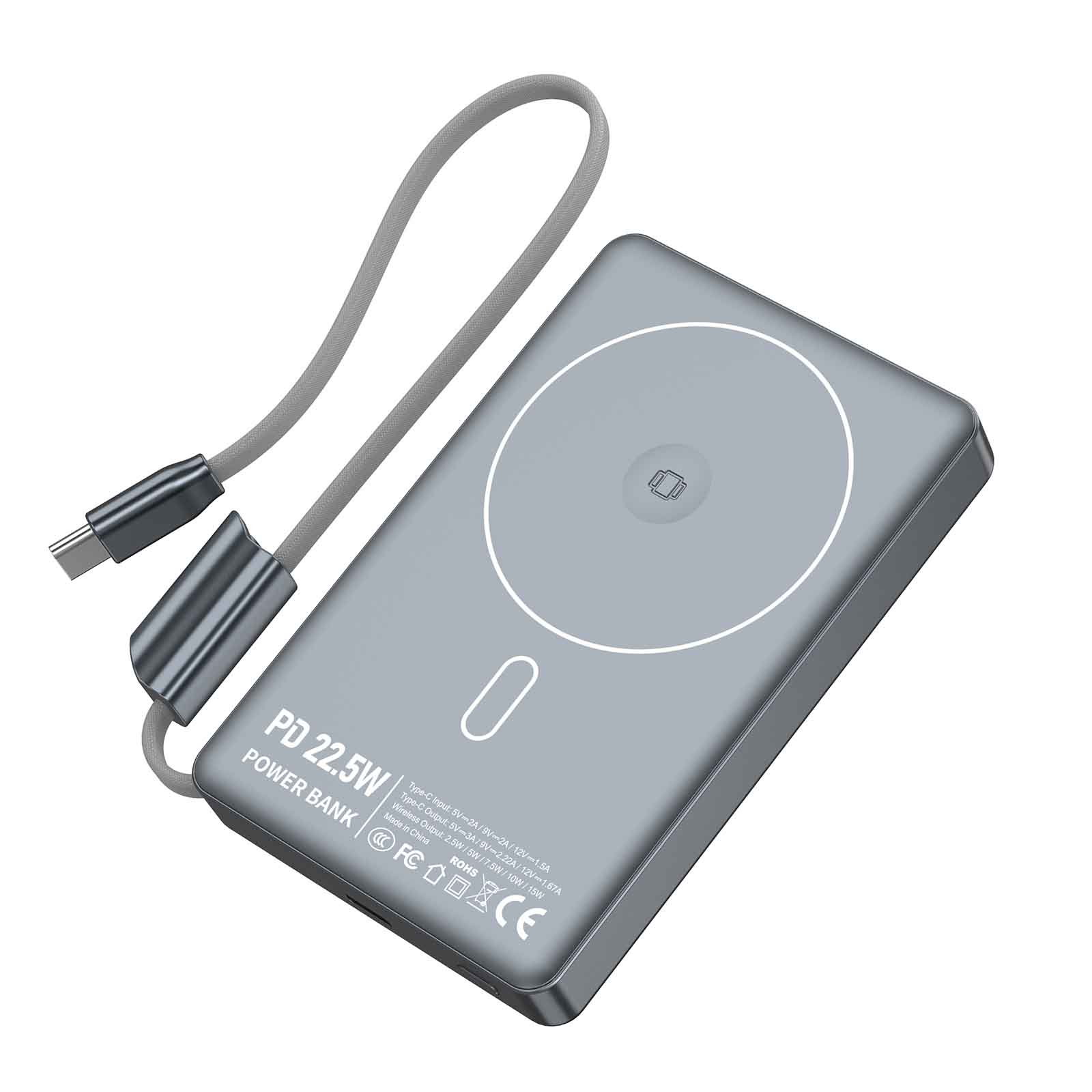 10000mAh Aluminum Alloy Power Bank with Built-in Cable, 15W 3-in-1 Wireless Charging for Phone/Watch/Earbuds, TFT Display, Lanyard Design