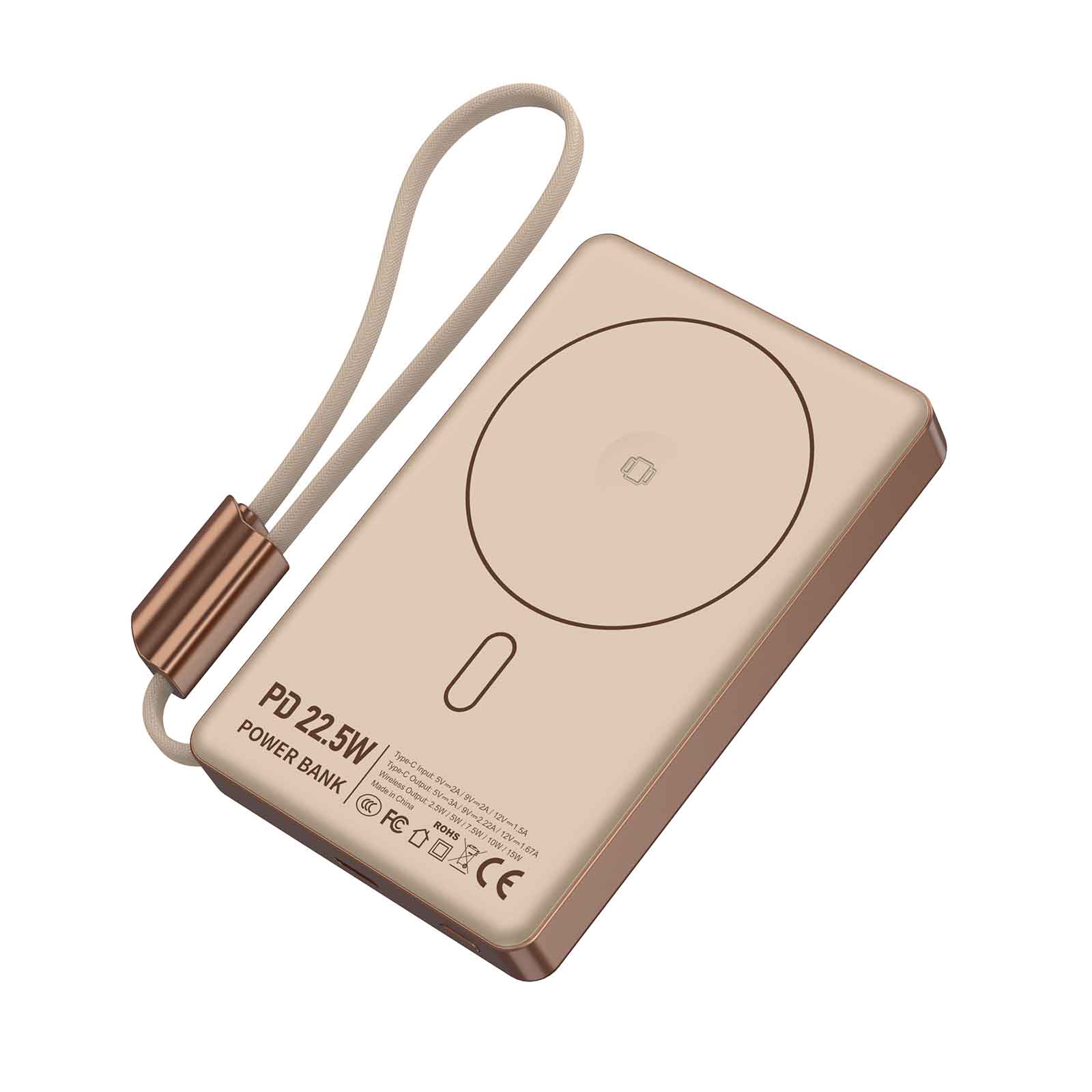 Aluminum Alloy 10000mAh Power Bank with Built-in Cable, 15W Wireless Fast Charging, TFT Color Display