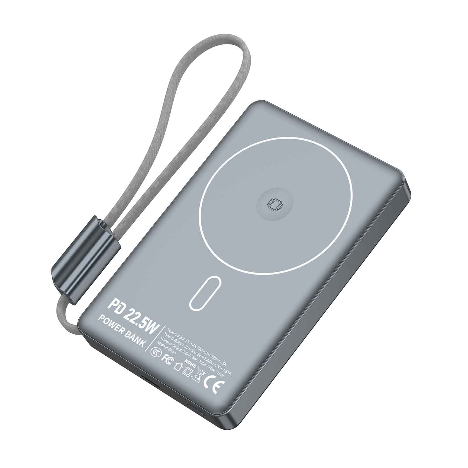 10000mAh Aluminum Alloy Power Bank with Built-in Cable, 15W 3-in-1 Wireless Charging for Phone/Watch/Earbuds, TFT Display, Lanyard Design