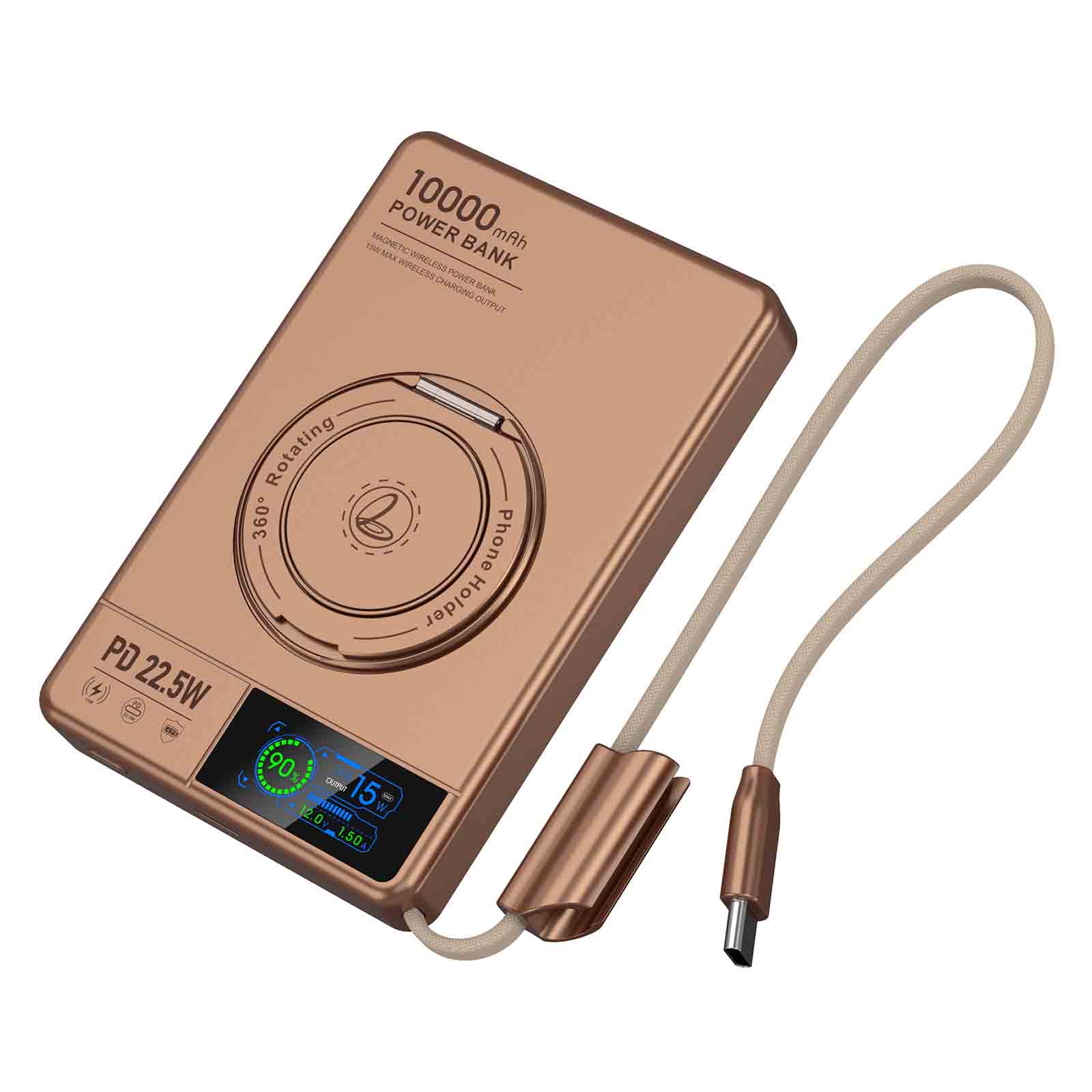 Aluminum Alloy 10000mAh Power Bank with Built-in Cable, 15W Wireless Fast Charging, TFT Color Display