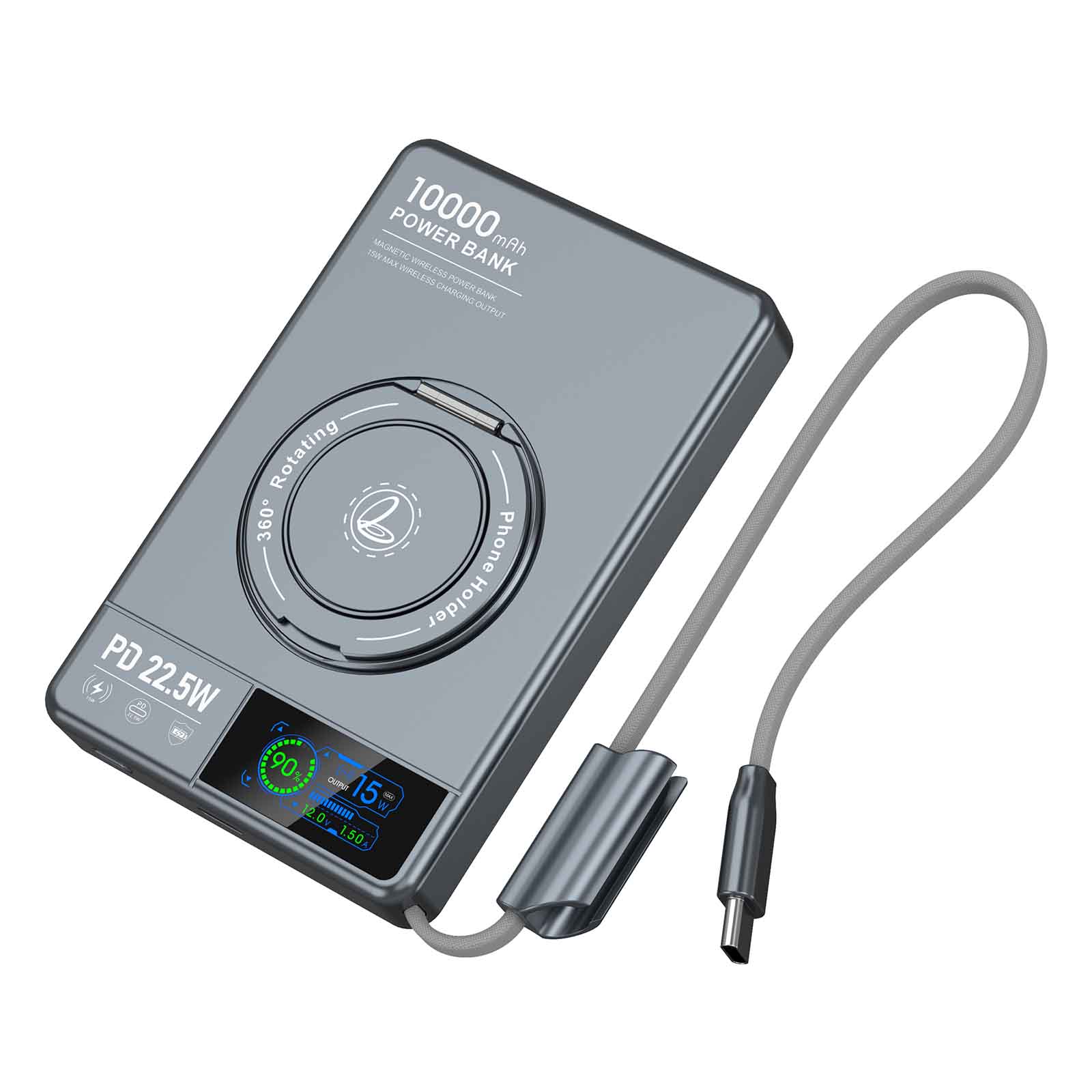 10000mAh Aluminum Alloy Power Bank with Built-in Cable, 15W 3-in-1 Wireless Charging for Phone/Watch/Earbuds, TFT Display, Lanyard Design