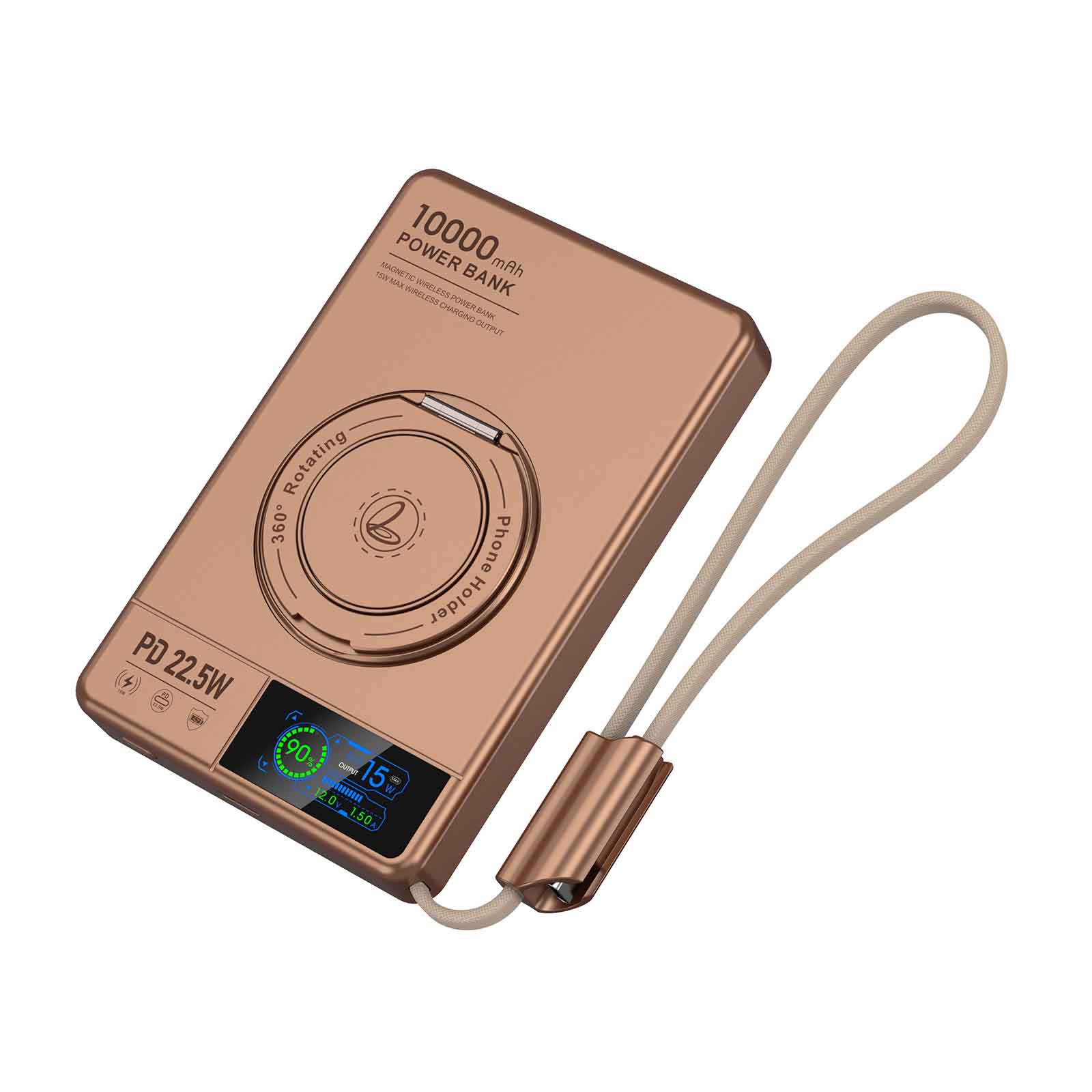 Aluminum Alloy 10000mAh Power Bank with Built-in Cable, 15W Wireless Fast Charging, TFT Color Display