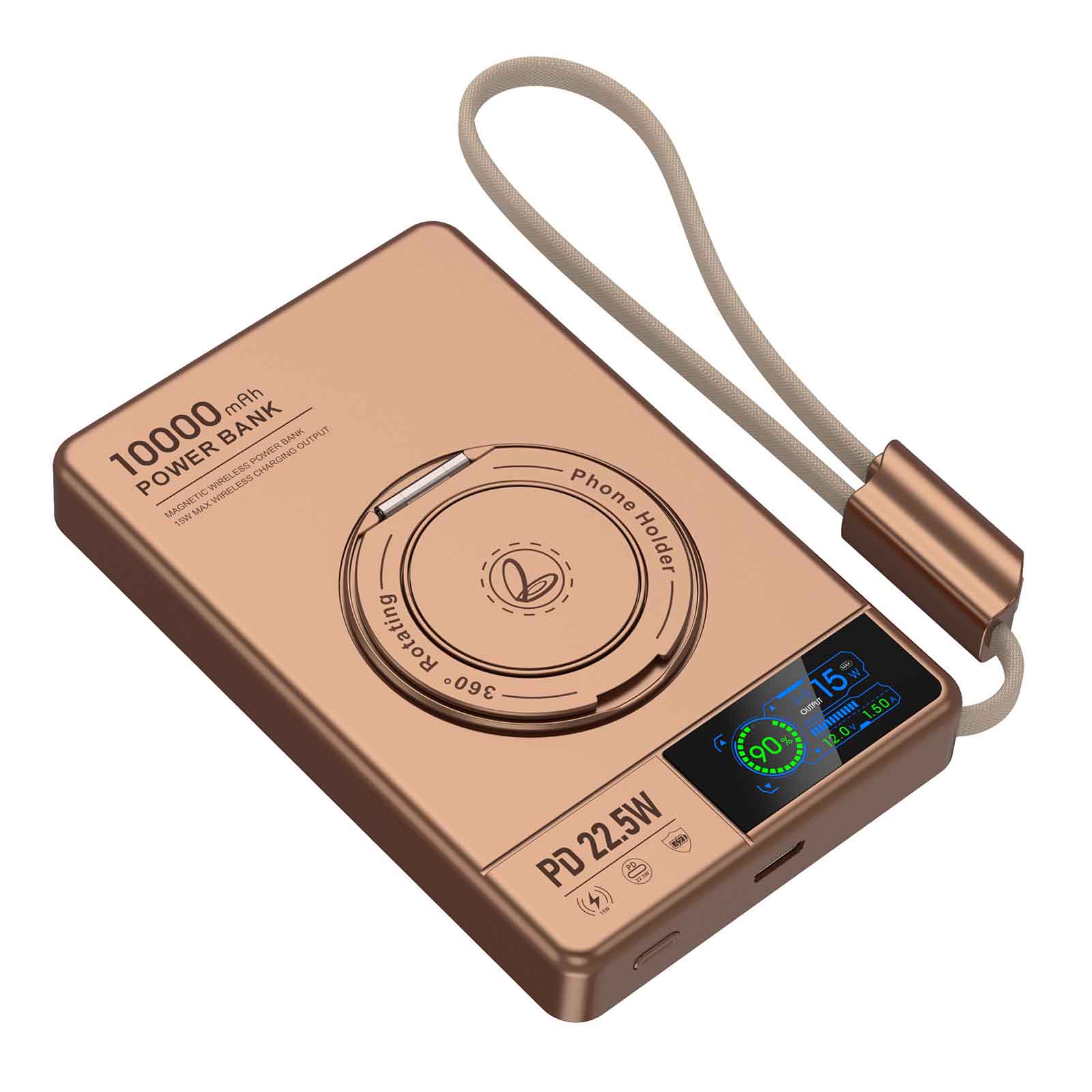 Aluminum Alloy 10000mAh Power Bank with Built-in Cable, 15W Wireless Fast Charging, TFT Color Display