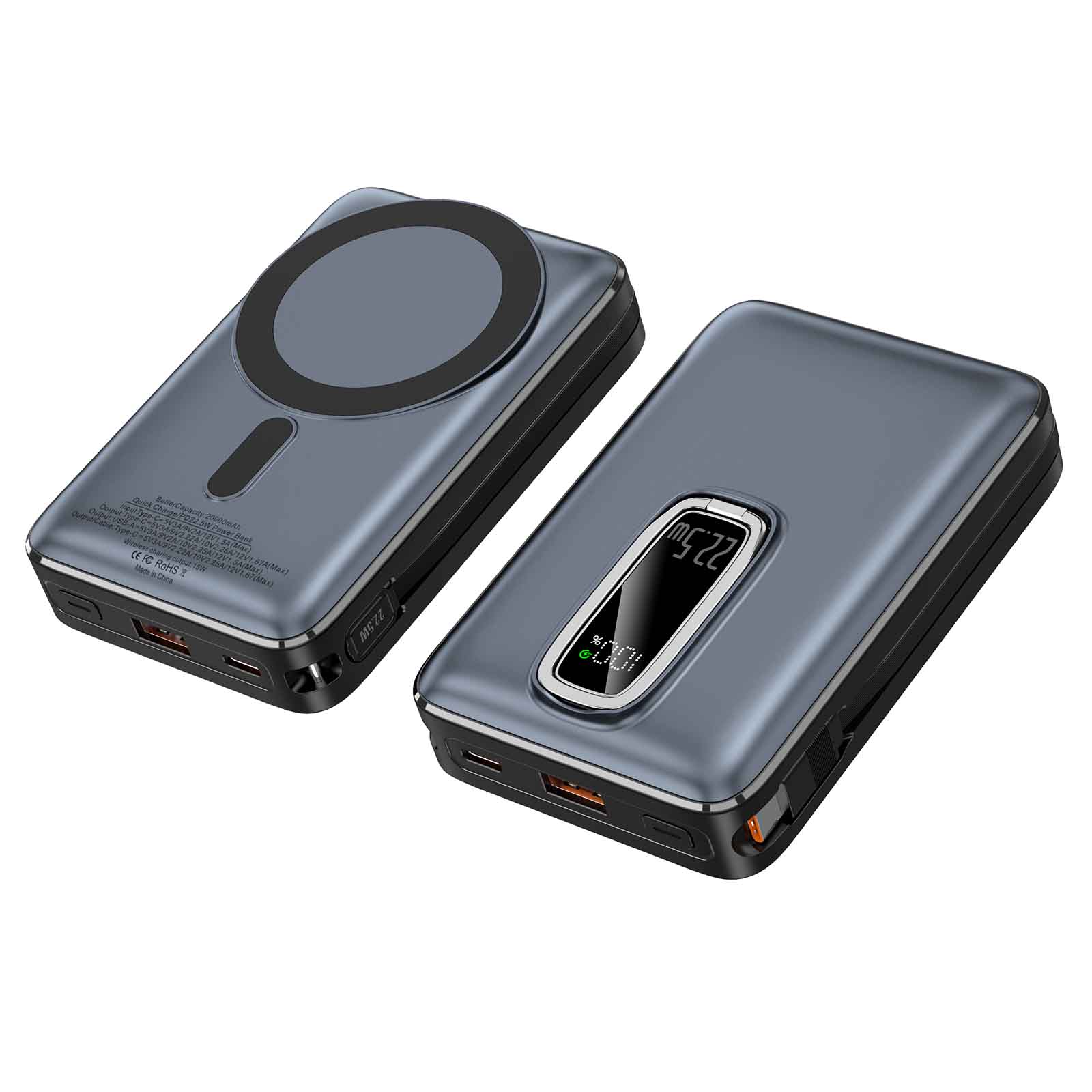 20000mAh Power Bank with Built-in Cable, 15W Wireless Charging, Foldable Metal Stand, LED Display, USB-C & USB-A, Lanyard Slot