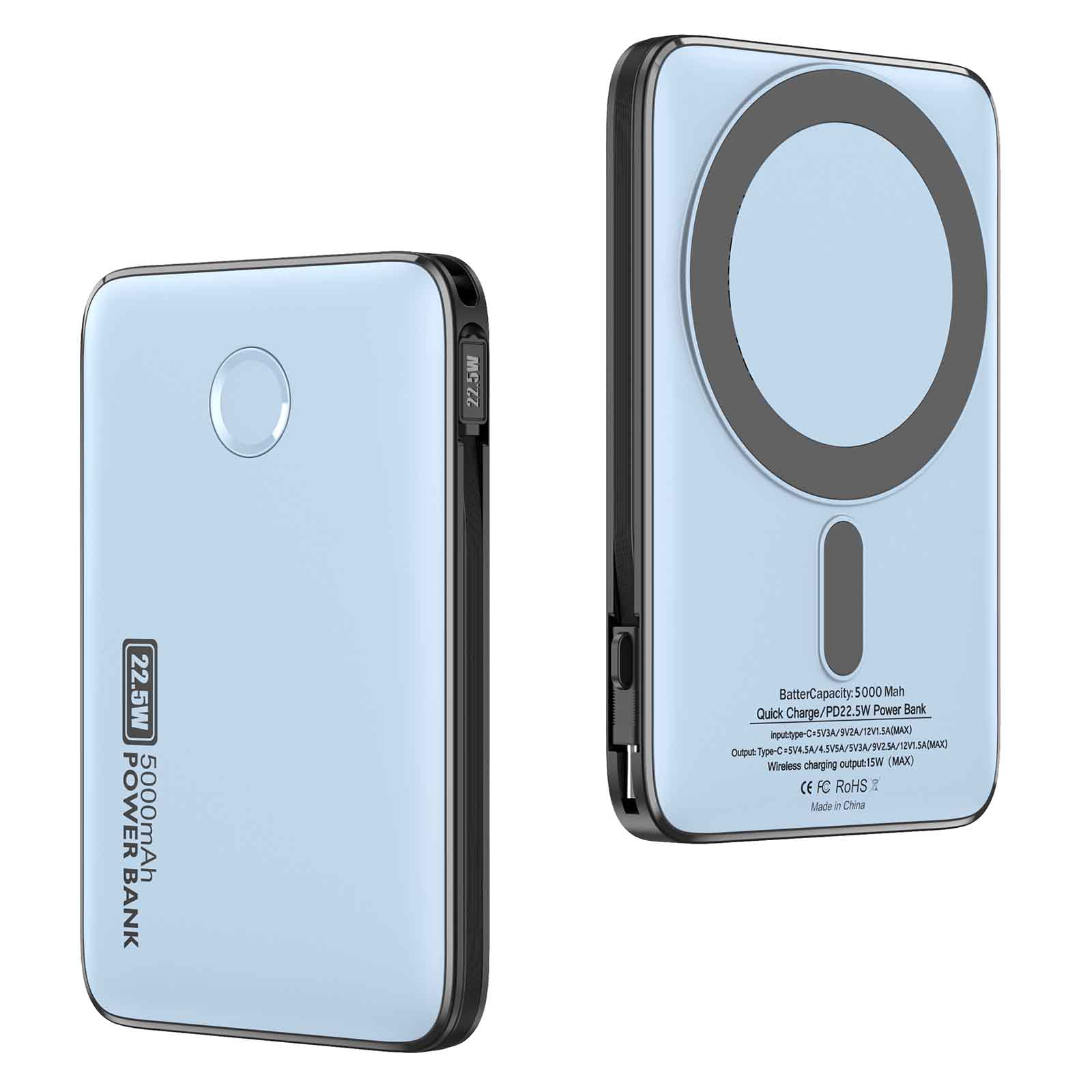 Ultra-Thin 5000mAh Power Bank with Hidden Cable, 22.5W PD + 15W Wireless Fast Charging, Overheat-Proof Pocket Charger