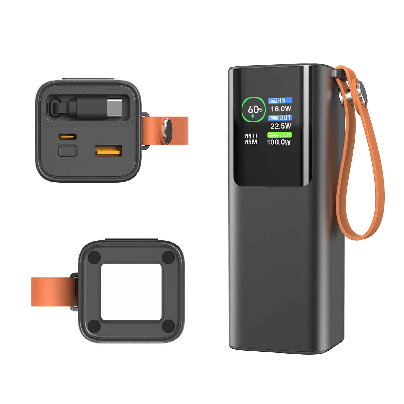 100W PD Fast Charging 20000mAh Power Bank with 70cm Retractable Cable, LED Flashlight, TFT Display, USB-C & USB-A Ports, Leather Handle