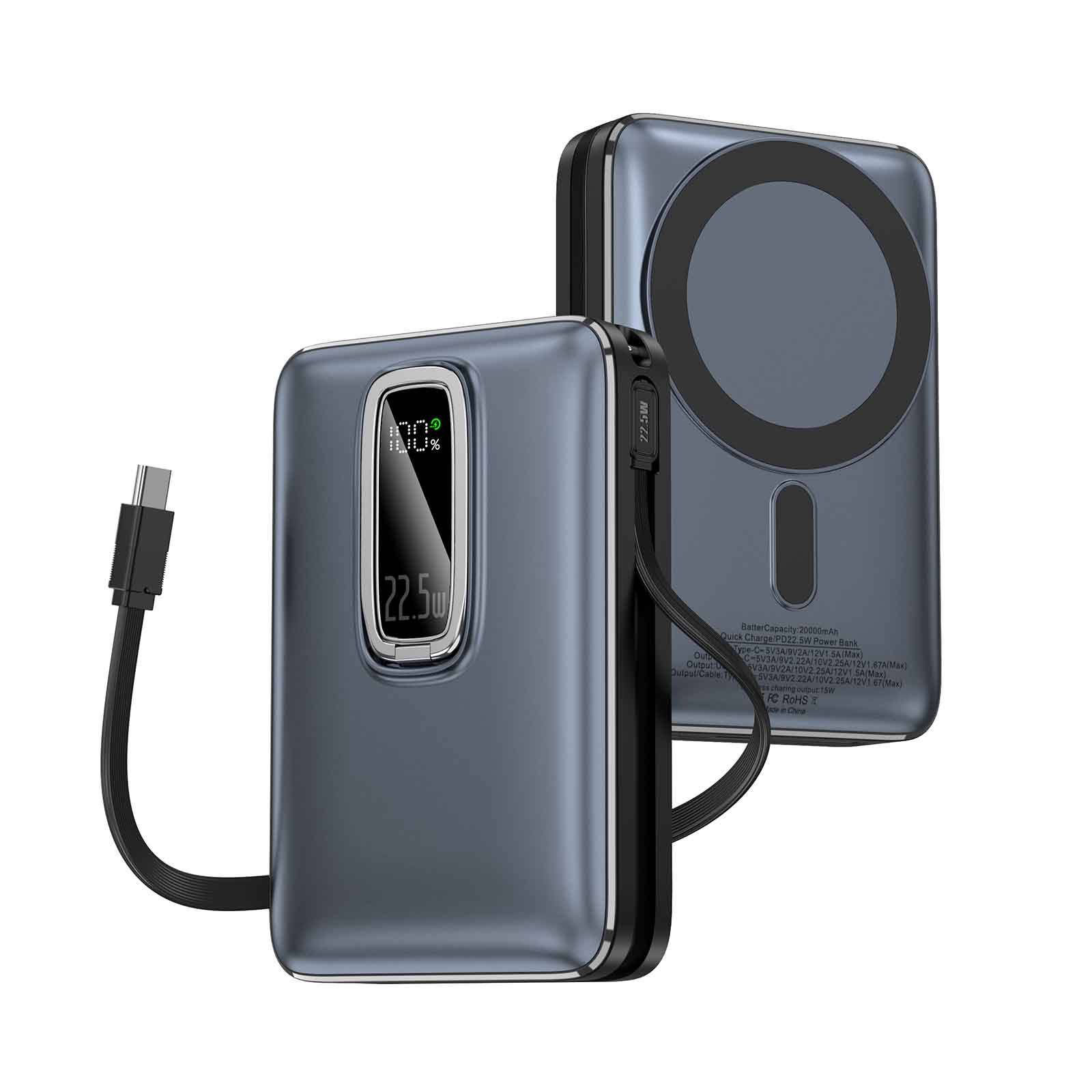 20000mAh Power Bank with Built-in Cable, 15W Wireless Charging, Foldable Metal Stand, LED Display, USB-C & USB-A, Lanyard Slot