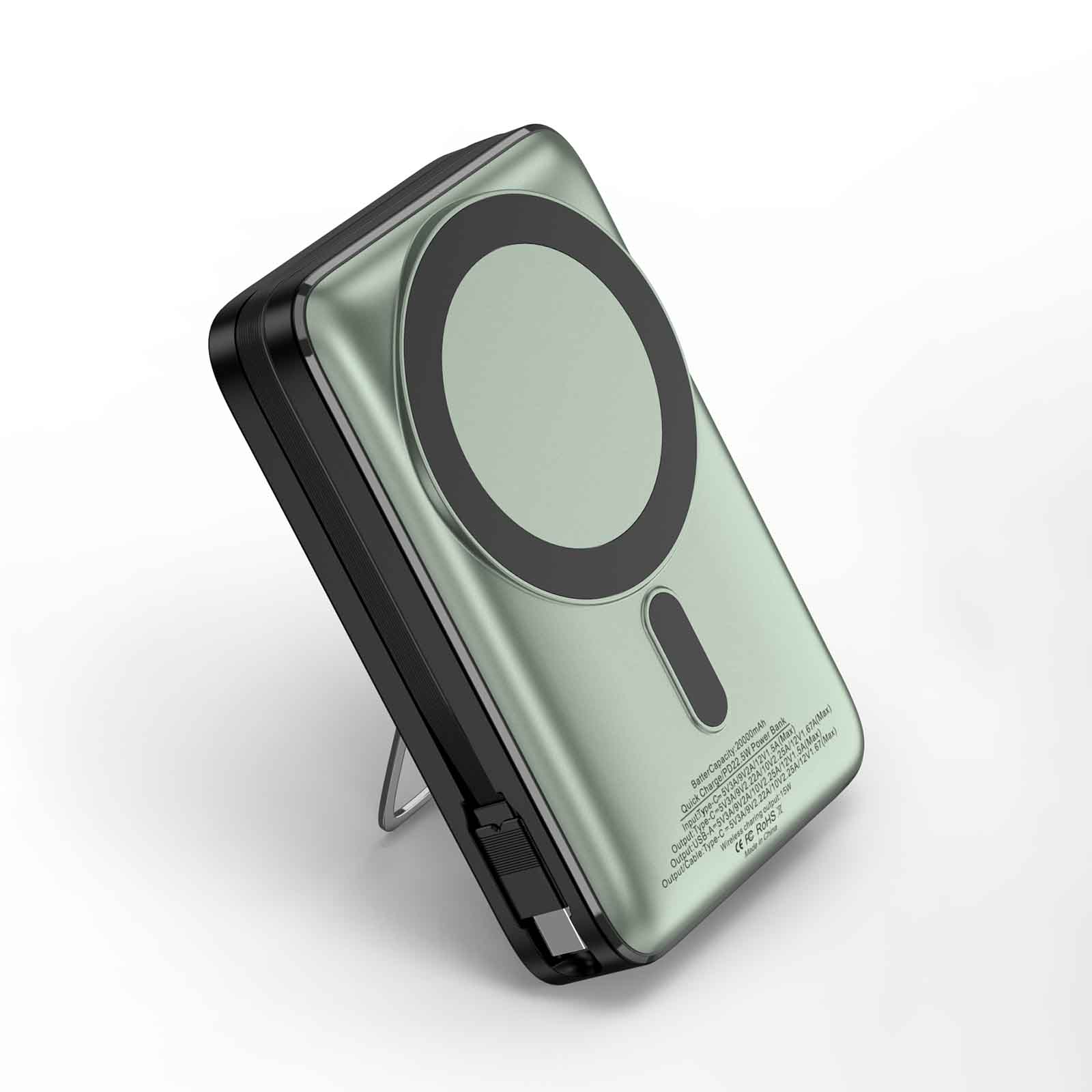 20000mAh Power Bank with Built-in Cable, 15W Wireless Charging, Foldable Metal Stand, LED Display, USB-C & USB-A, Lanyard Slot