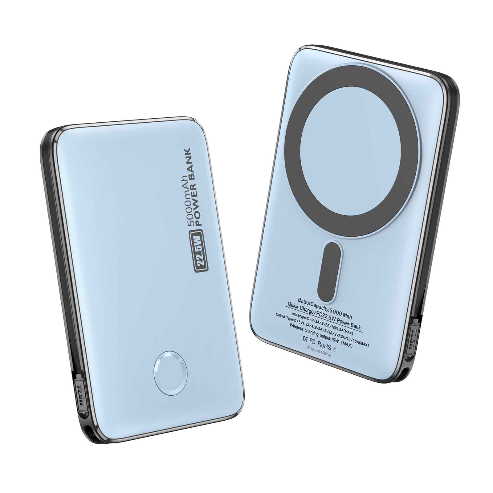 Ultra-Thin 5000mAh Power Bank with Hidden Cable, 22.5W PD + 15W Wireless Fast Charging, Overheat-Proof Pocket Charger