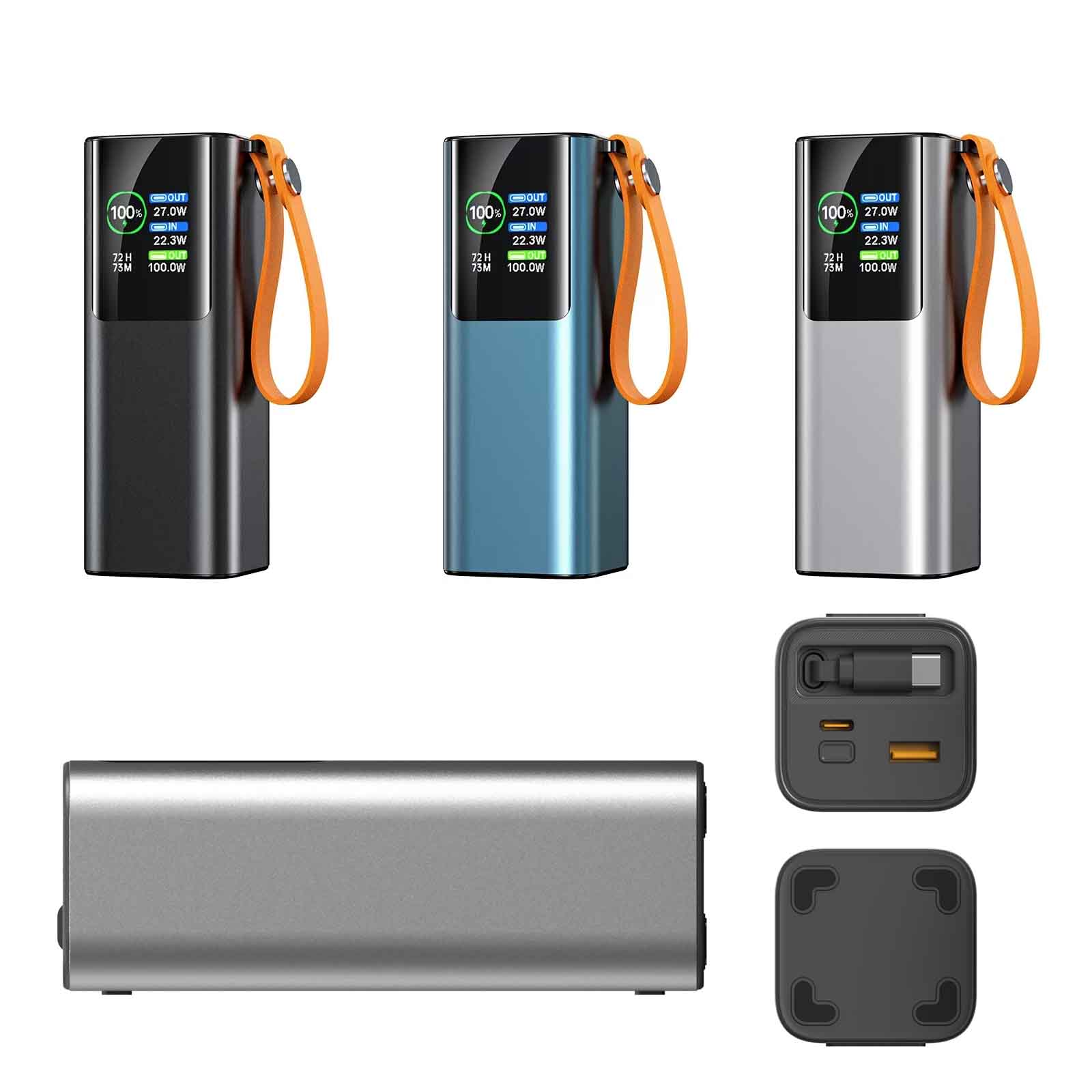 100W PD Fast Charging 20000mAh Power Bank with 70cm Retractable Cable, LED Flashlight, TFT Display, USB-C & USB-A Ports, Leather Handle