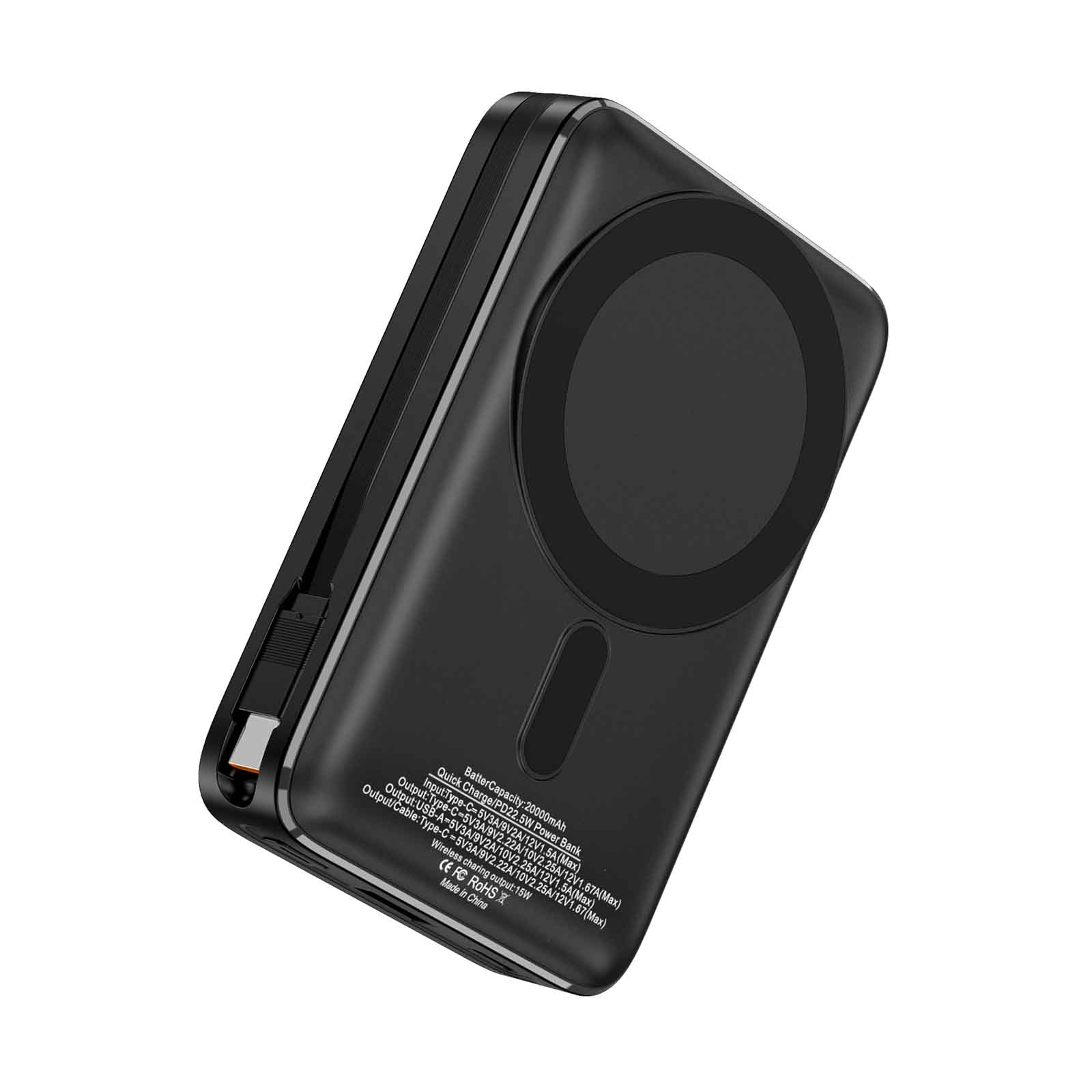 20000mAh Power Bank with Built-in Cable, 15W Wireless Charging, Foldable Metal Stand, LED Display, USB-C & USB-A, Lanyard Slot