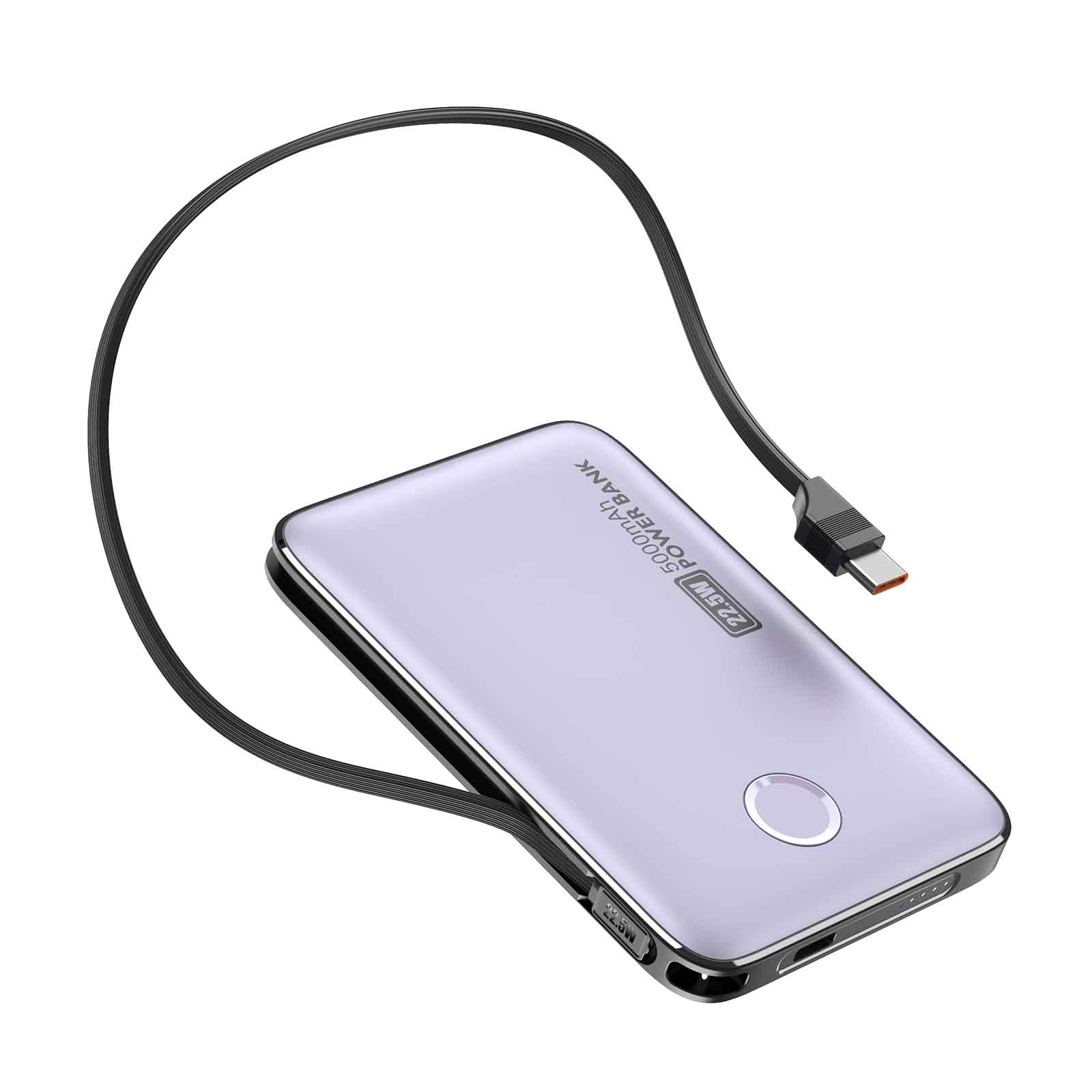 Ultra-Thin 5000mAh Power Bank with Hidden Cable, 22.5W PD + 15W Wireless Fast Charging, Overheat-Proof Pocket Charger