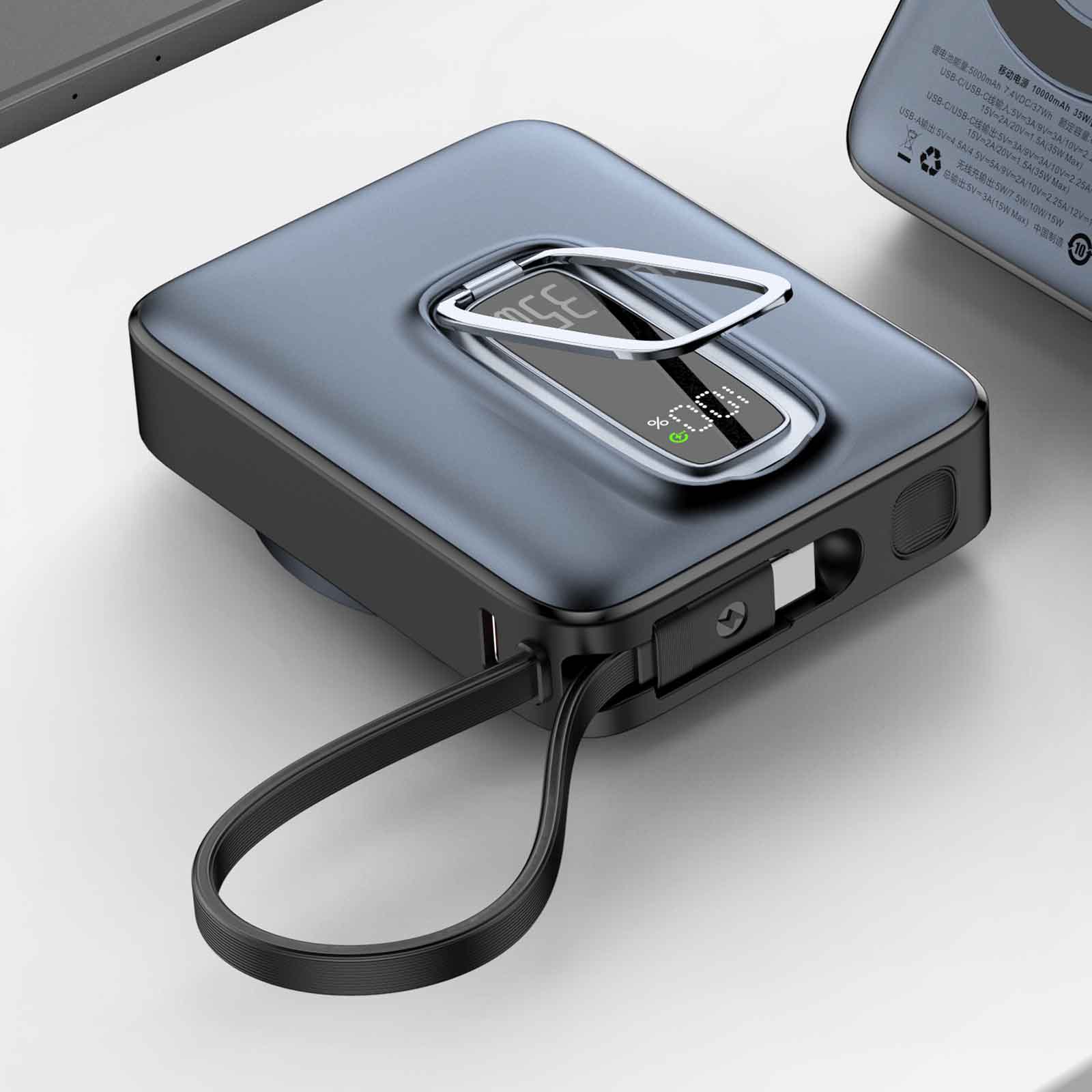 10000mAh Wireless Charging Power Bank with Foldable Metal Stand, Built-in Cable, LED Display, 15W Wireless, USB-C & USB-A Output